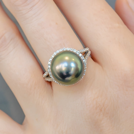 Tahitian Pearl Ring with 3/8 CTW Diamonds - On Model
