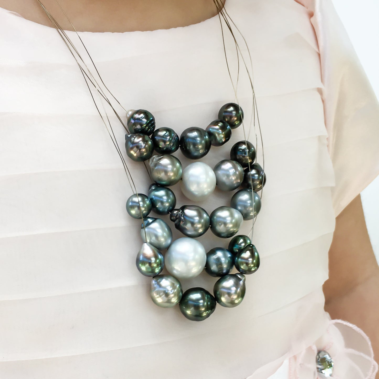 Tahitian Cultured Pearl Multi-Strand Necklace 14K White Gold, Model Wearing
