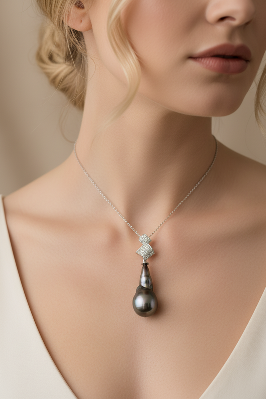 Model wearing Tahitian Pearl Diamond Pendant 13mm Baroque Teardrop