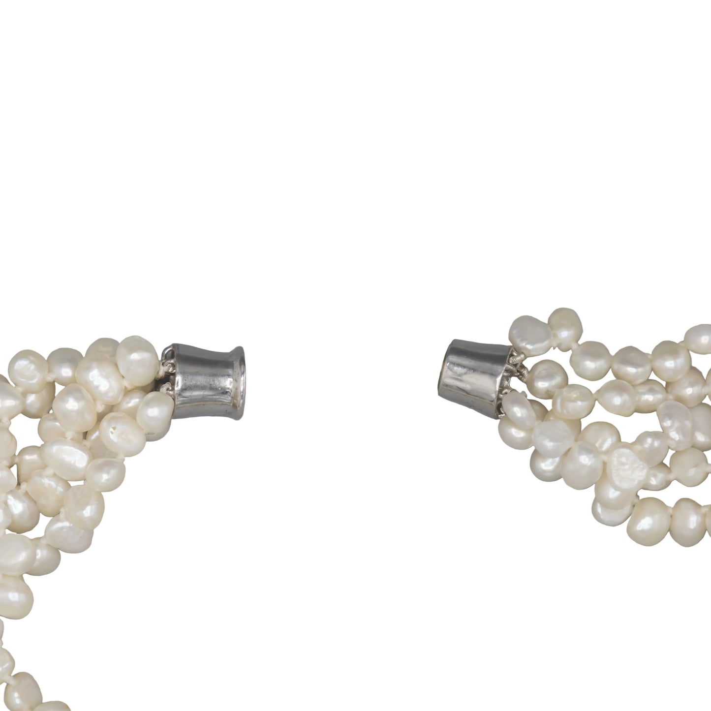 Close-up of magnetic clasp on white freshwater pearl necklace 18.5 inch