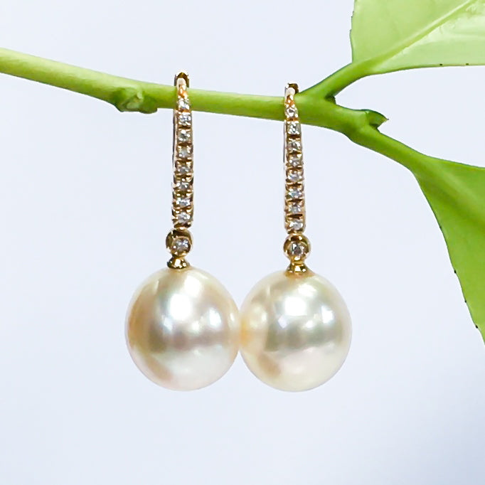 Golden South Sea Pearl & Diamond Lever Back Earrings – 14K Yellow Gold Detail