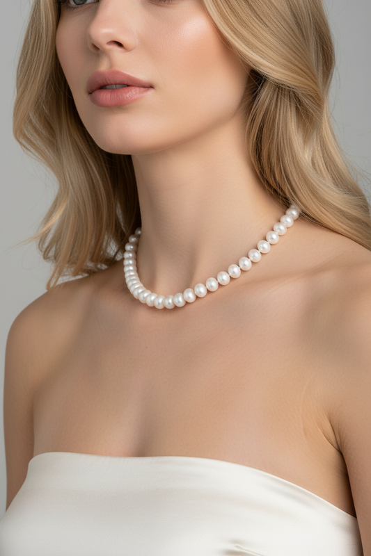 Blonde model wearing White freshwater button pearl necklace 18 inch single strand 12-15mm – Holly Zhang Pearl Gallery
