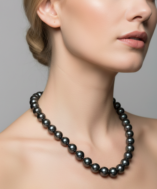 Model wearing Black Tahitian Pearl Strand Necklace with 14K Yellow Gold Diamond Clasp