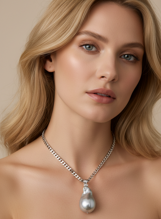 Blonde model wearing Baroque South Sea Pearl Pendant 14K White Gold – 15.5-16mm Pearl with Diamonds