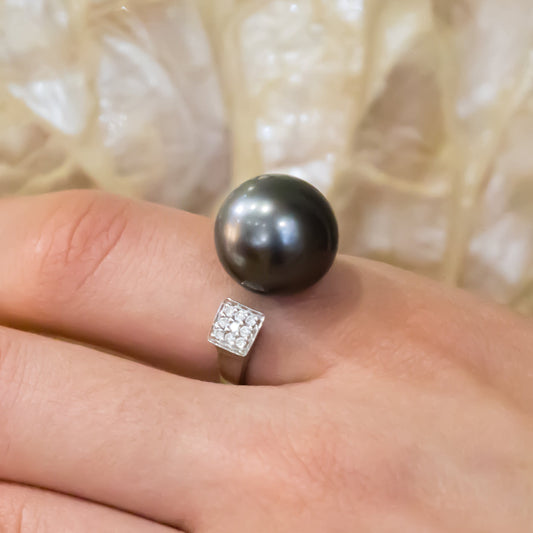 14.4mm Black Tahitian Pearl Ring in 18K White Gold - On Model