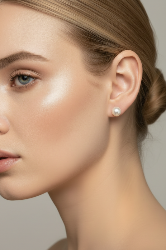 Close-up of a blonde model wearing a white pearl earring
