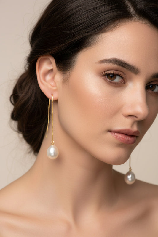 White South Sea Pearl Threader Earrings in 14K Gold – Worn on Model
