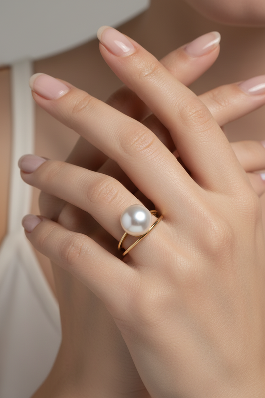 Model wearing White South Sea pearl ring 10.3mm 14K yellow gold size 7