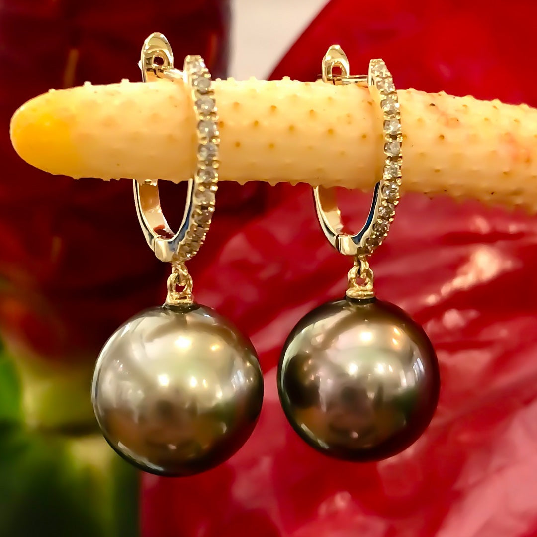 Large Tahitian Pearl Earrings with Diamond Gold Hinge – Lifestyle View