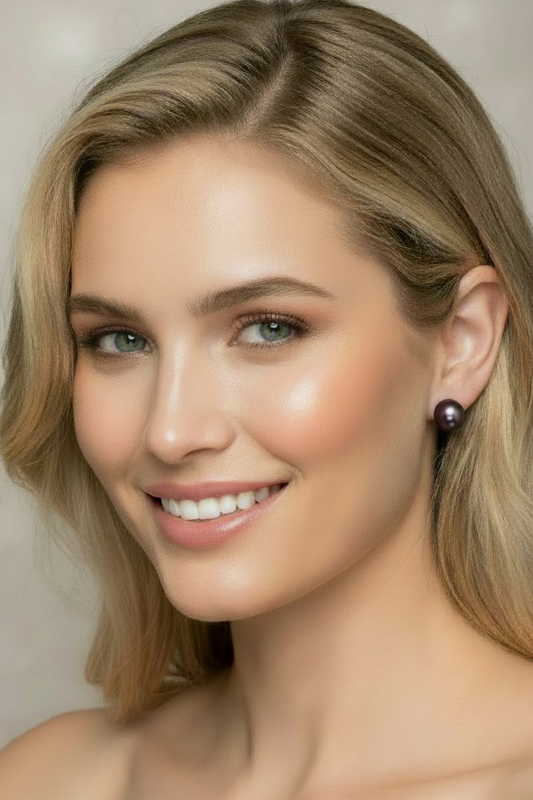 Model wearing Chocolate Freshwater Pearl Button Stud Earrings in 14K Yellow Gold