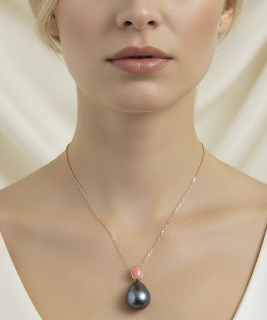 Tahitian Pearl & Coral Pendant 14K Yellow Gold – 14.5mm Teardrop Pearl on blonde model