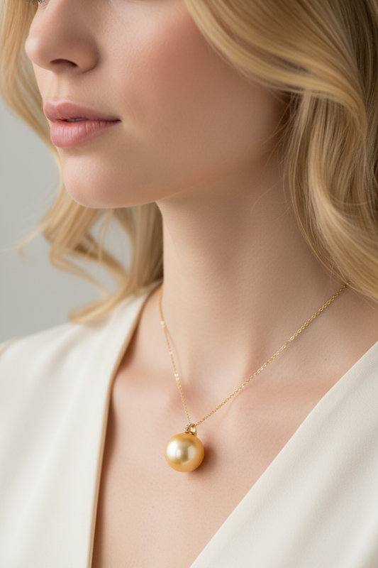 Woman wearing a south sea golden pearl and diamond pendant necklace