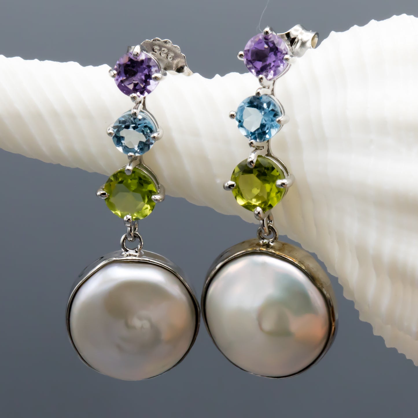 White Coin Pearl Earrings with Colorful Gemstone Accents – Sterling Silver