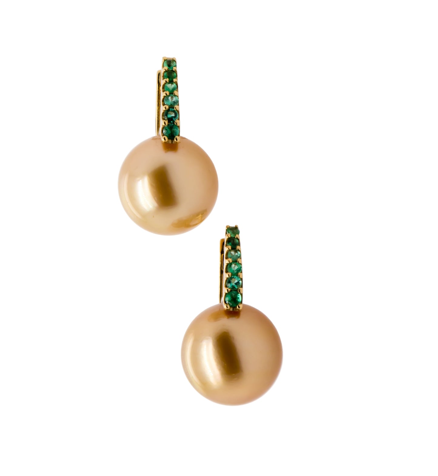 Golden South Sea Pearl Drop Earrings with 5 Emeralds – 18K Gold Cropped View