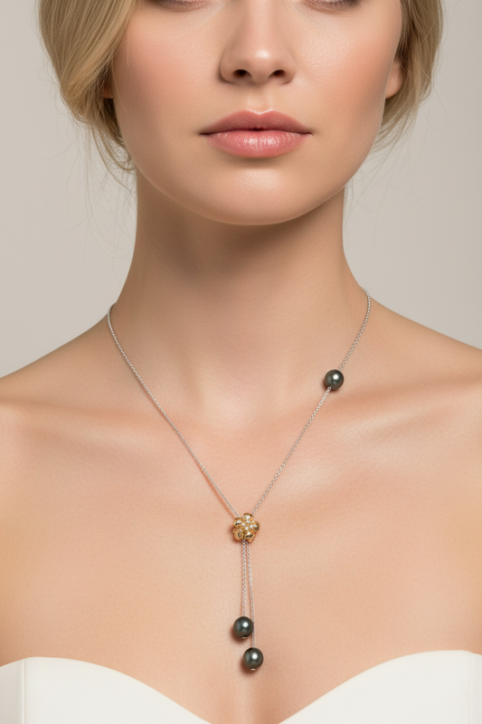 Rose Gold Flower Necklace with Tahitian Pearls