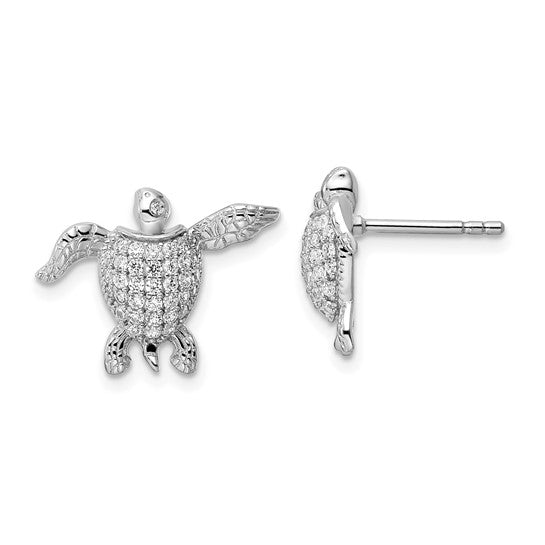Sterling silver sea turtle stud earrings with cubic zirconia stones and rhodium plating