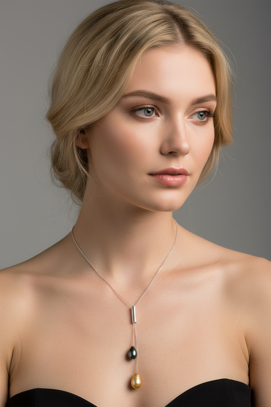 blonde model wearing Tahitian & Golden South Sea Pearl Double Drop Necklace – Sterling Silver Chain