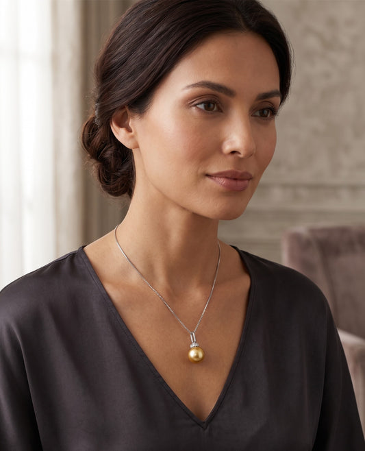 Golden South Sea Pearl Necklace worn on model, 16 inch 18K white gold chain