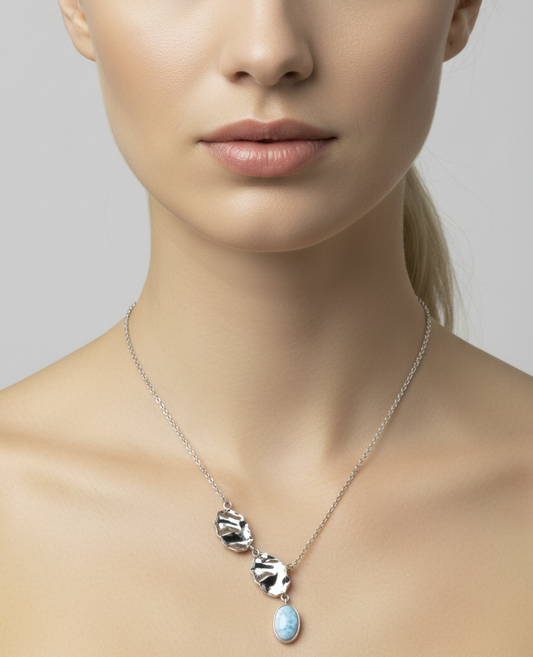 Larimar sterling silver necklace worn on model, collarbone length