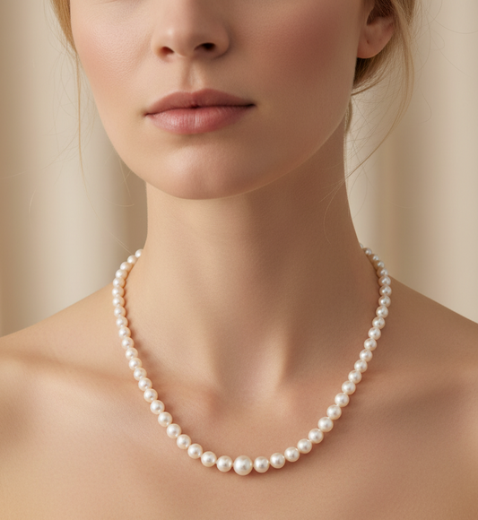 Model wearing graduated single strand Akoya pearl necklace