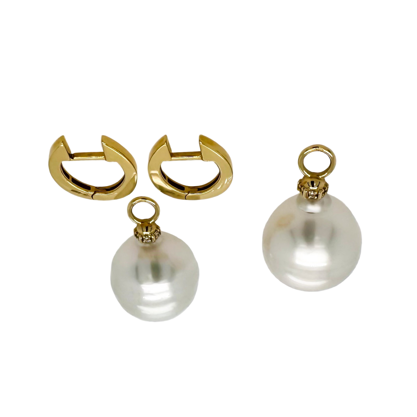 Large White South Sea Pearl Earrings with Diamond Bail – 14K Yellow Gold
