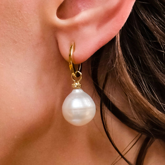 White South Sea Cultured Pearl & Diamond Hoop Earrings – Lifestyle View