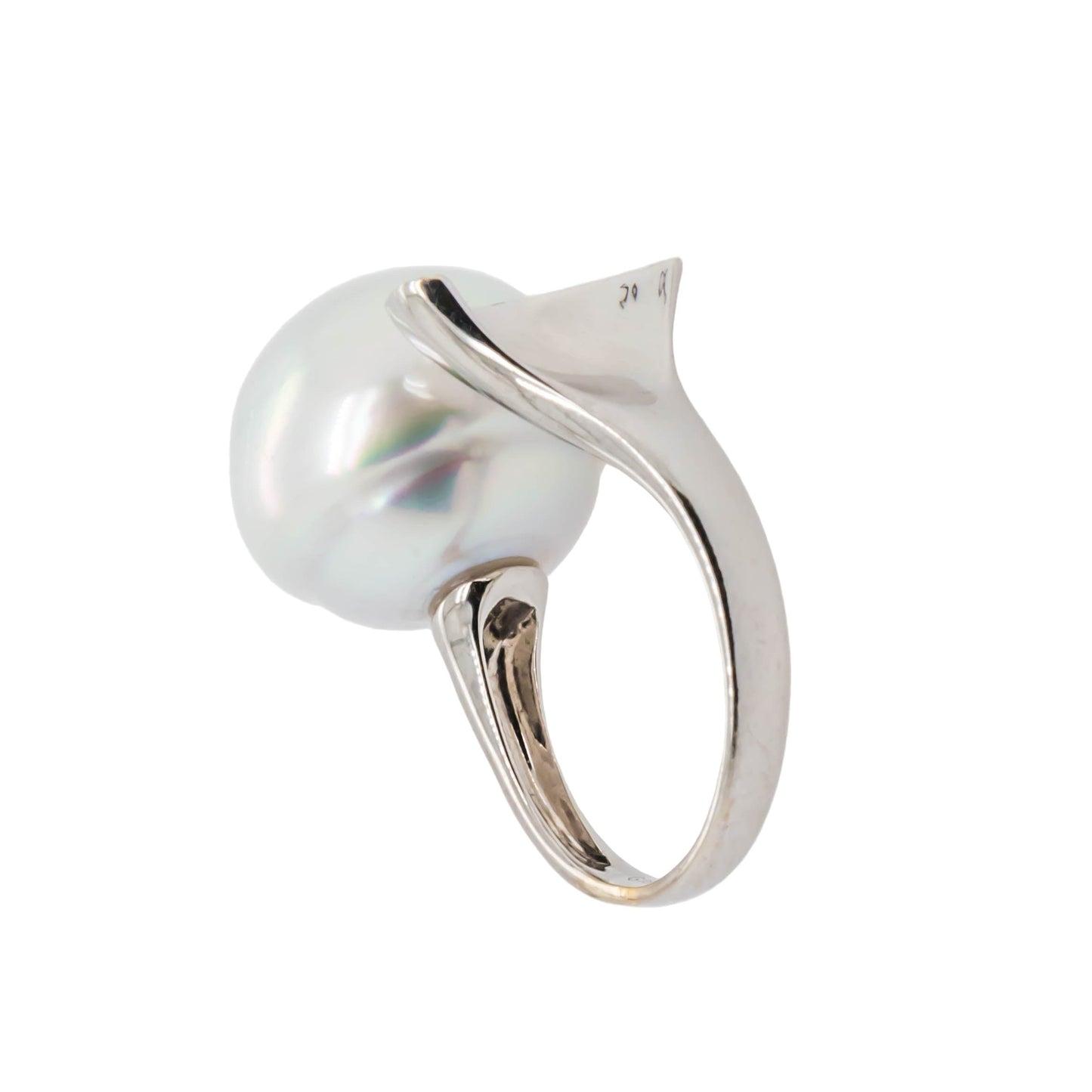 Diamond halo South Sea pearl ring, close-up detail