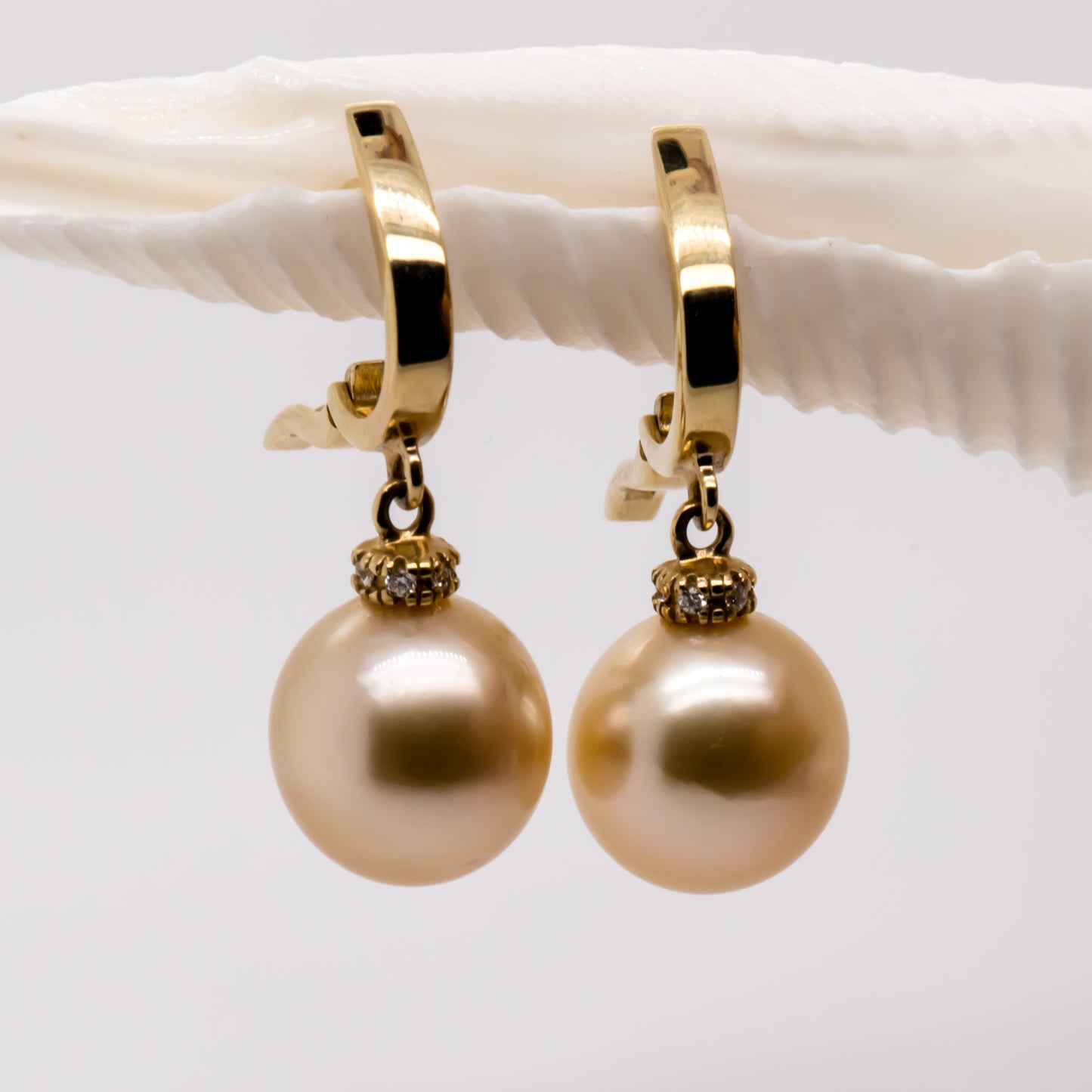 Golden South Sea Cultured Pearl Earrings with Diamonds – 14K Gold Setting