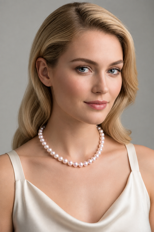 Closeup of model wearing 18 inch 8.5-9mm Hanadama Akoya Pearl Necklace