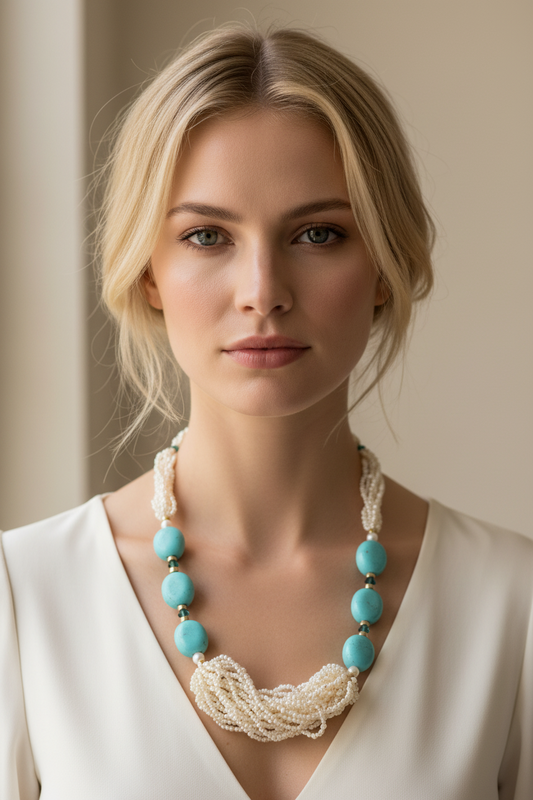 White baroque pearl and imitation turquoise beaded strand necklace, 32-inch opera length