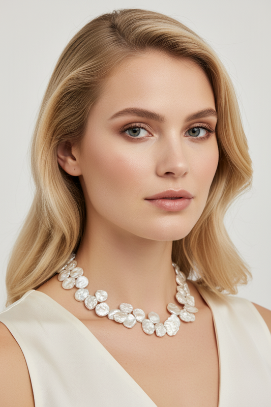 Model wearing 18-inch keshi freshwater pearl necklace with sterling silver clasp.