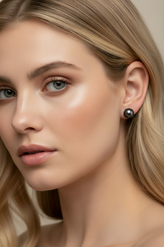 Model wearing 7.7mm Tahitian Pearl Stud Earrings in 14K Yellow Gold — Holly Zhang Pearl Gallery