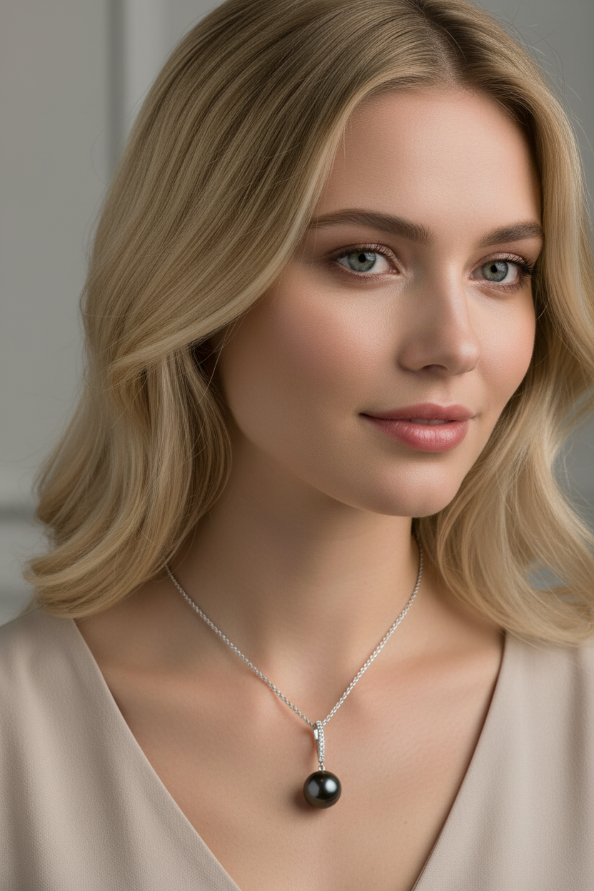 Holly Zhang 7.8mm Tahitian Pearl Necklace White Gold Diamond Setting