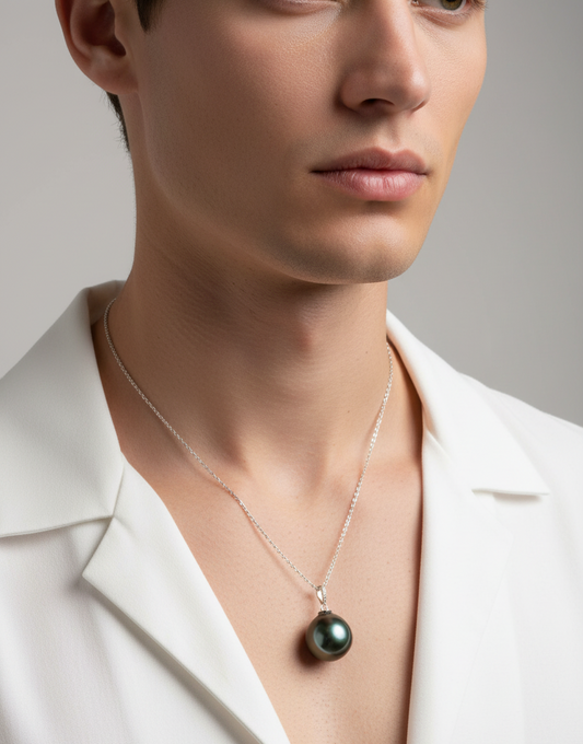 Tahitian Pearl Teardrop Necklace worn on model, 14K yellow gold, 18 inch chain