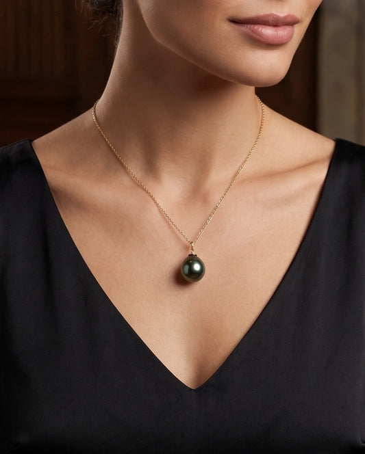 Tahitian Pearl Teardrop Necklace worn on model, 14K yellow gold, 18 inch chain