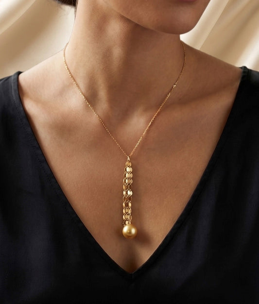 Golden South Sea Pearl Necklace worn on model, 8mm pearl on 14K gold chain