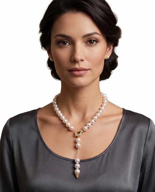 Model wearing Japanese Akoya Pearl Lariat Necklace 10-10.2mm with 14K Yellow Gold Diamond Clasp