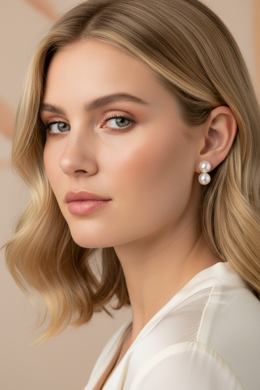 Model wearing Akoya saltwater pearl 18K yellow gold stud earrings