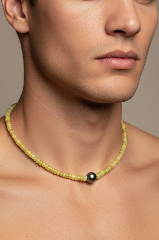 Model wearing Tahitian pearl African opal necklace, 16-inch sterling silver