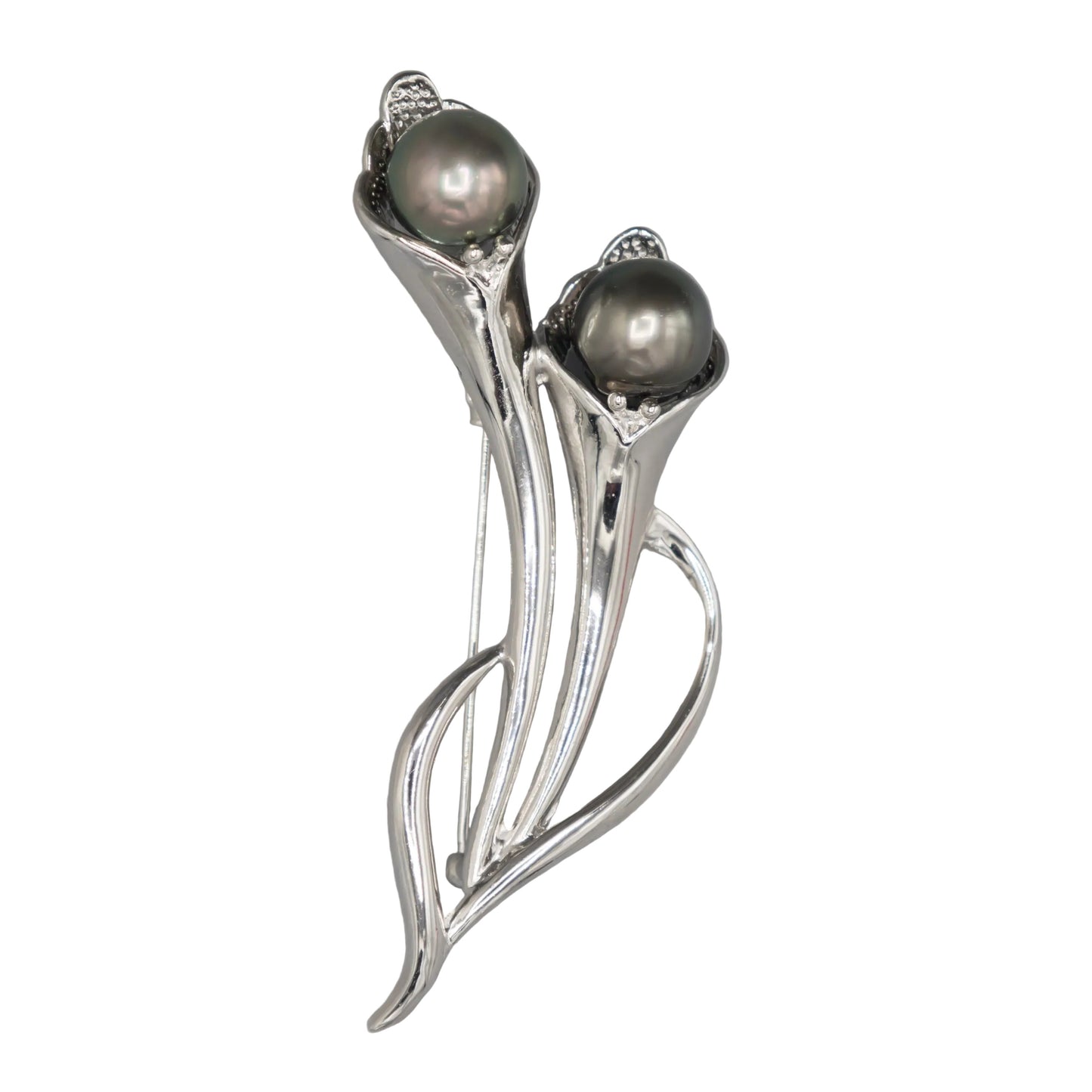 Silver brooch with two 10mm Tahitian pearls