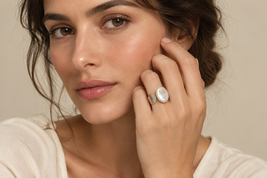 White Coin Pearl Adjustable Sterling Silver Ring