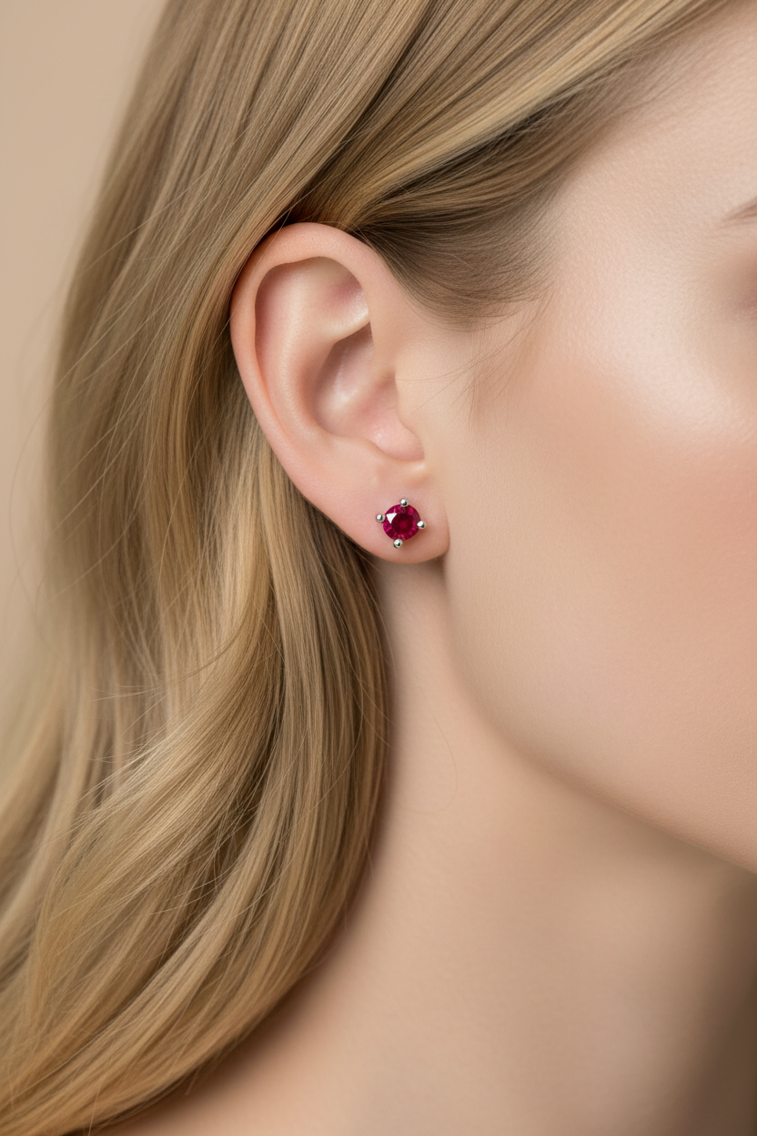 Close-up of a blonde model wearing a red ruby stud earring