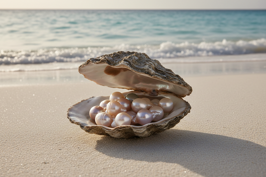 Multiple natural colors of baroque and irregular pearls resting in an oyster shell on a tropical beach, showcasing their unique organic shapes and lustrous nacre