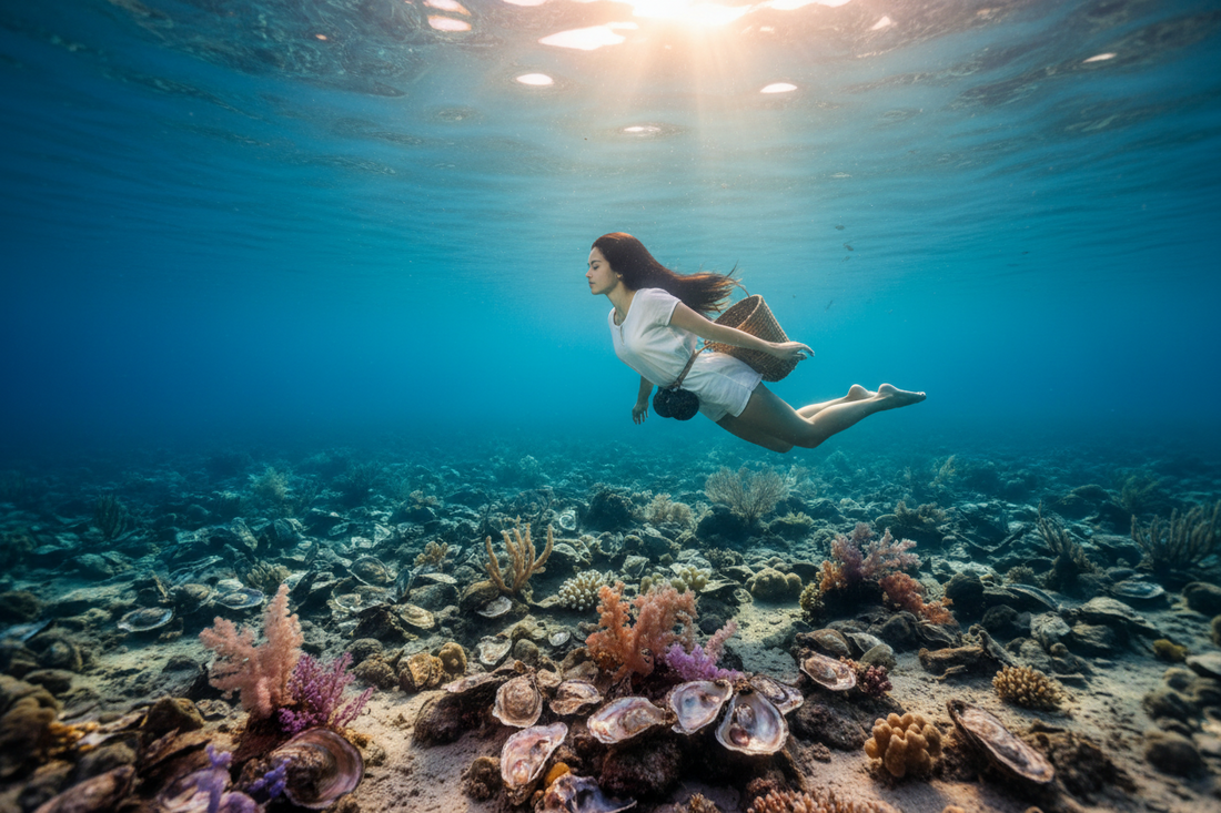 Woman diving for pearls over a bed of oysters.