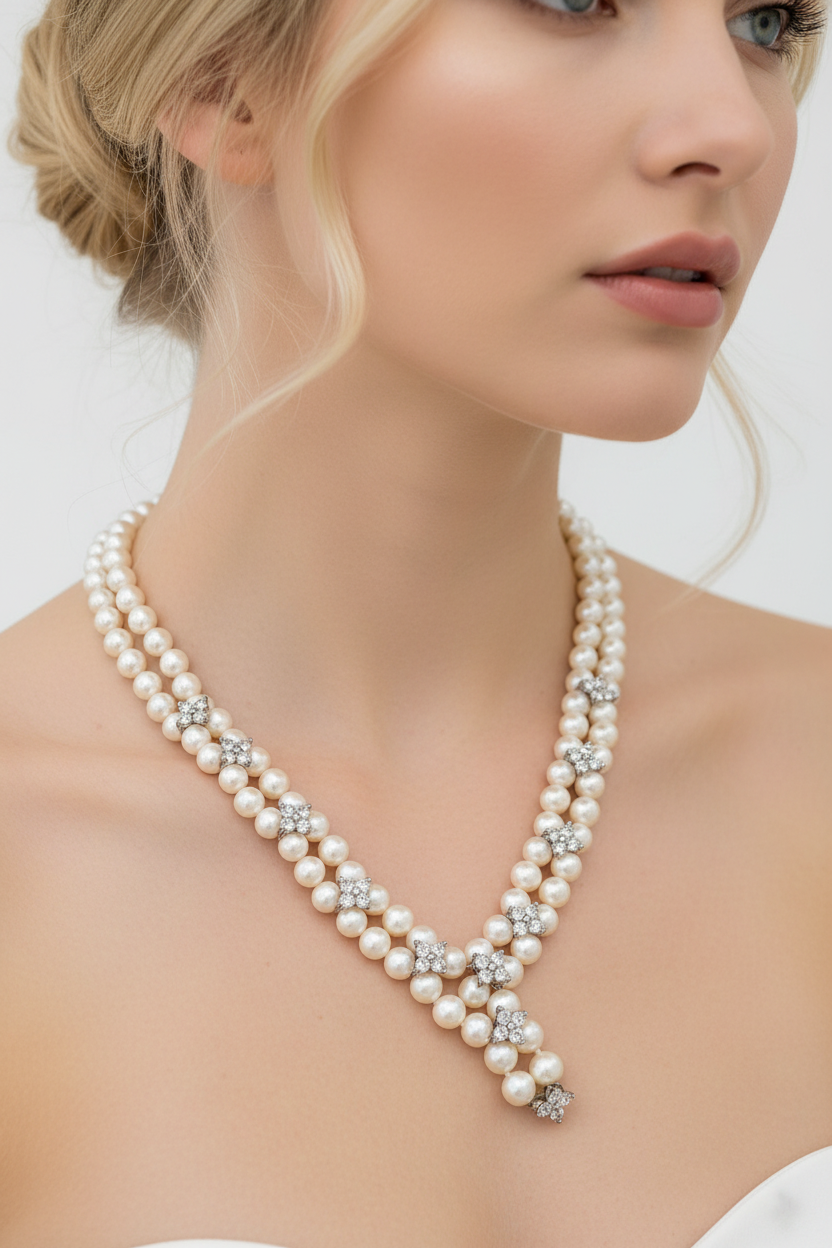 Double strand freshwater pearl necklace on model, 7mm white pearls with CZ clasp.