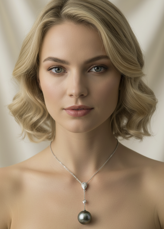 13.2mm Tahitian Pearl & Diamond Pendant Necklace on 14K White Gold Chain on blonde model