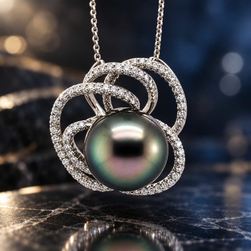 Tahitian Pearl Pendant 14K White Gold – 14.4mm Pearl with Diamond Halo, reflecting on a stone background