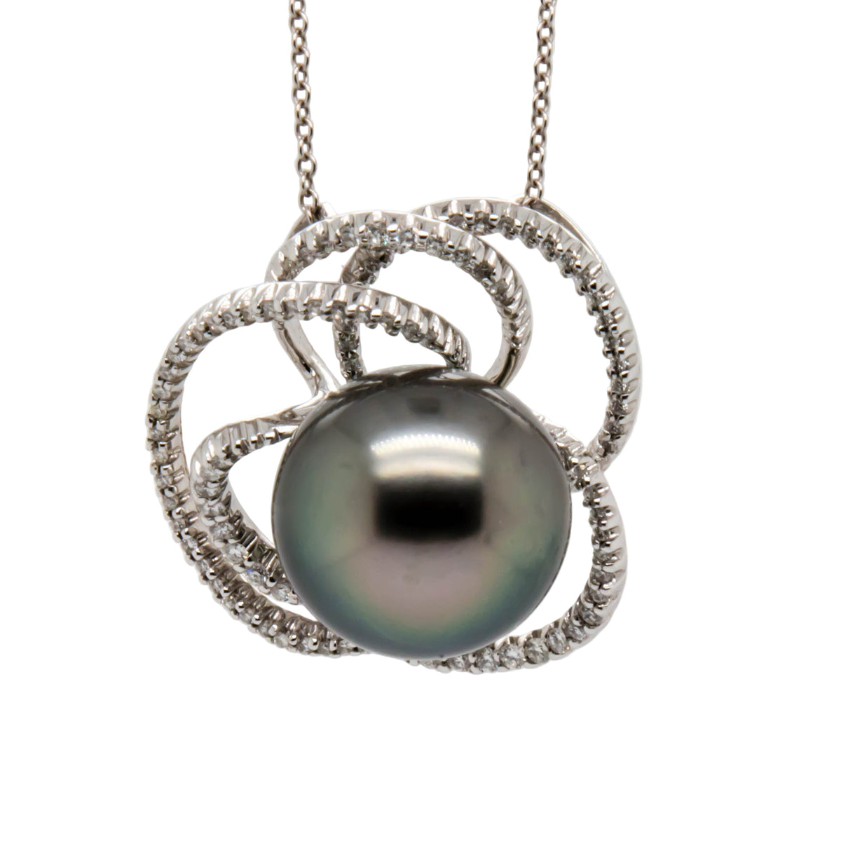 Tahitian Pearl Pendant 14K White Gold – 14.4mm Pearl with Diamond Halo, Holly Zhang