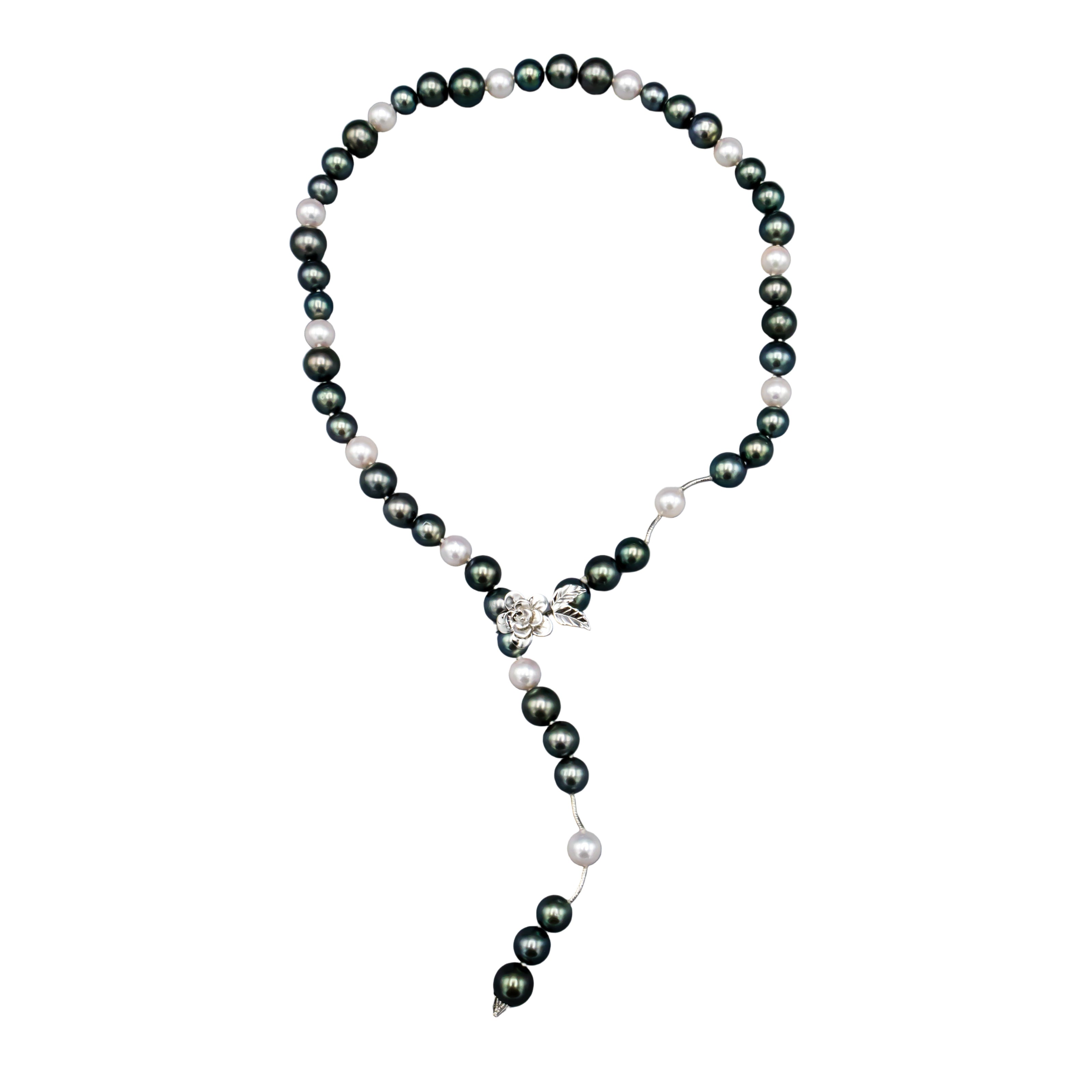 Akoya Tahitian pearl lariat necklace with 14K white gold clasp, 36 inches long