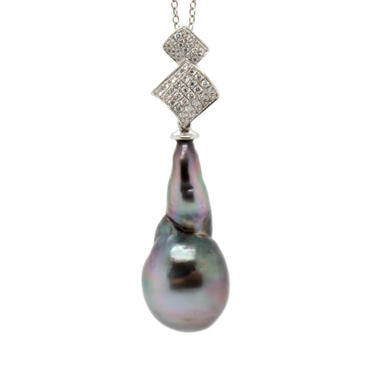 13mm Baroque Teardrop Tahitian Pearl Pendant in 14K White Gold with Diamond Accents